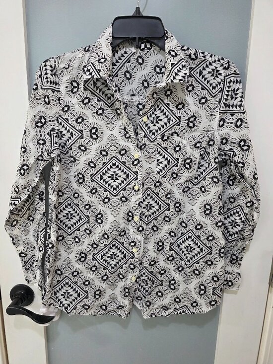 None Tops - Geometric Print Blouse – Women’s‎ Medium Black White Tan Button Front